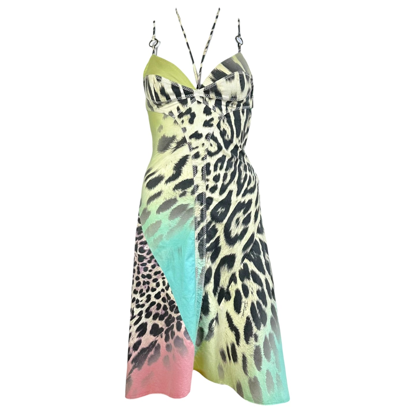 Roberto Cavalli Multicolor Leopard Halter Midi Dress