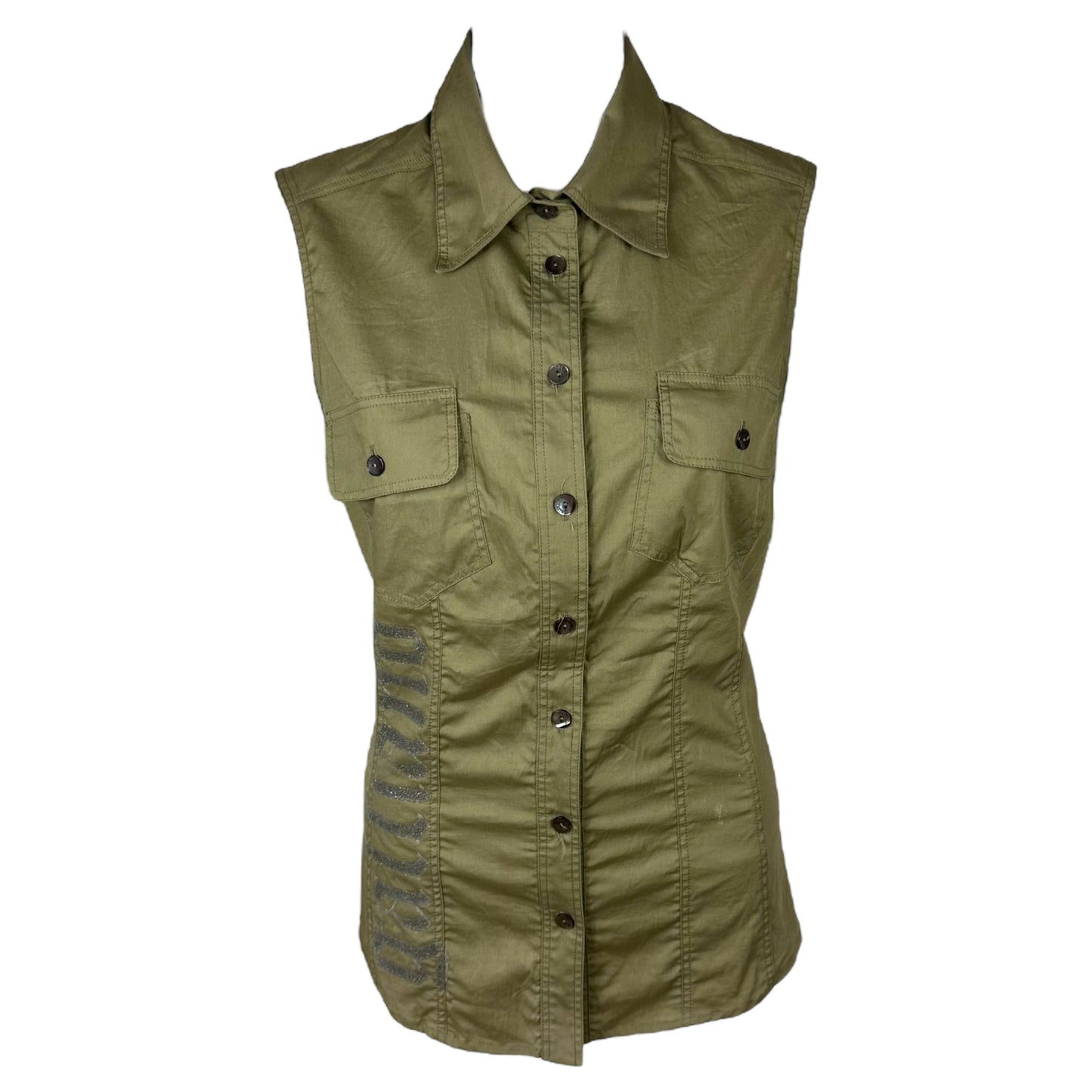 Galliano Khaki Green Button Up Logo Blouse