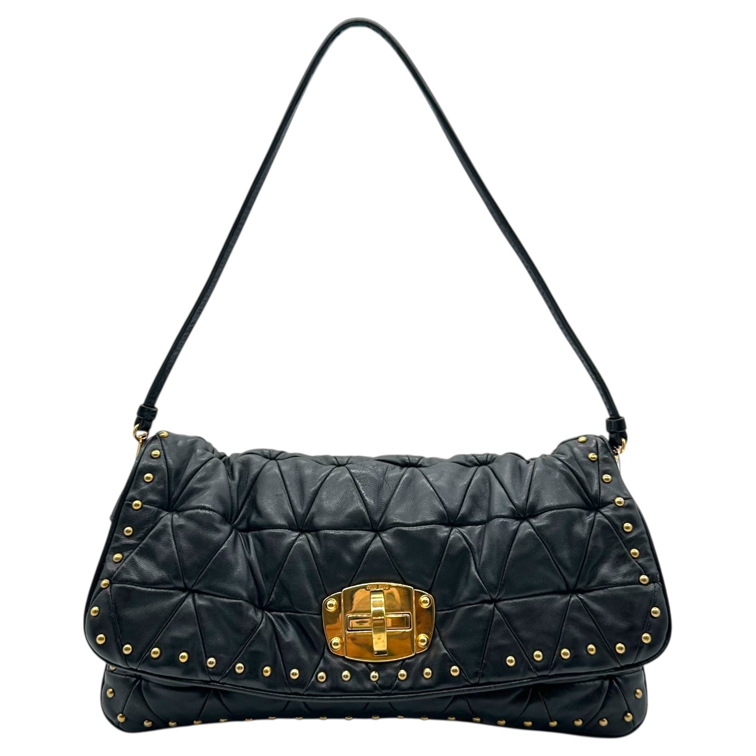 Miu Miu Black Leather & Gold Studs Quilted 2-Way Shoulder Clutch Bag - Outfit Repeater