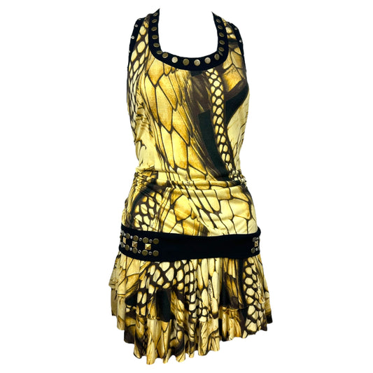 Roberto Cavalli Beachwear Yellow Snake Print Studded Mini Dress