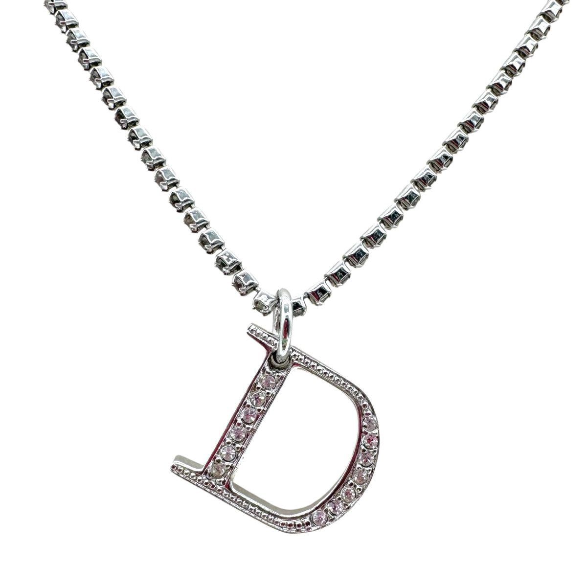 Christian Dior Silver Rhinestone Double Strand Logo Necklace