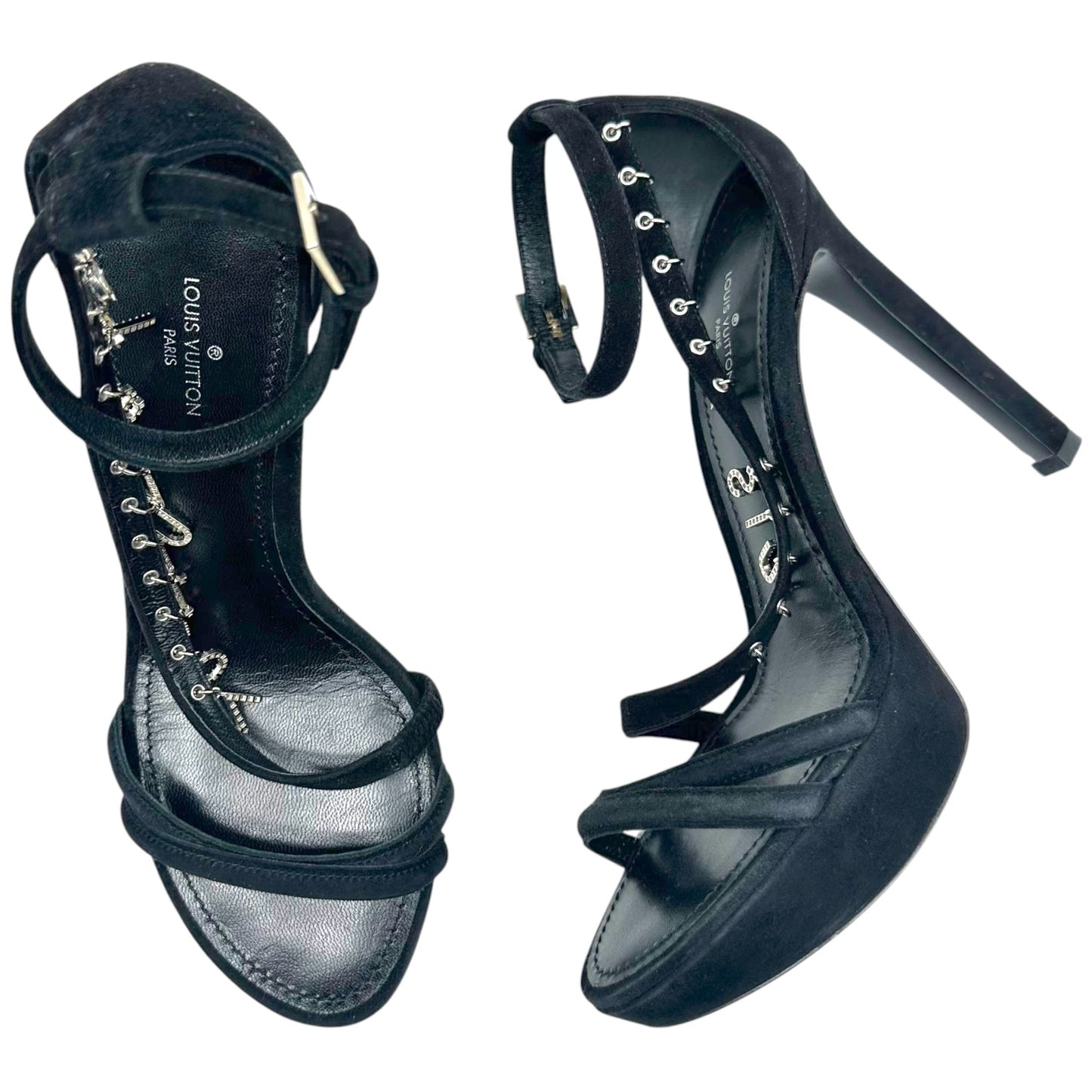 Louis Vuitton Melody Rhinestine Logo Charm Black Suede Platform Heeled Sandals