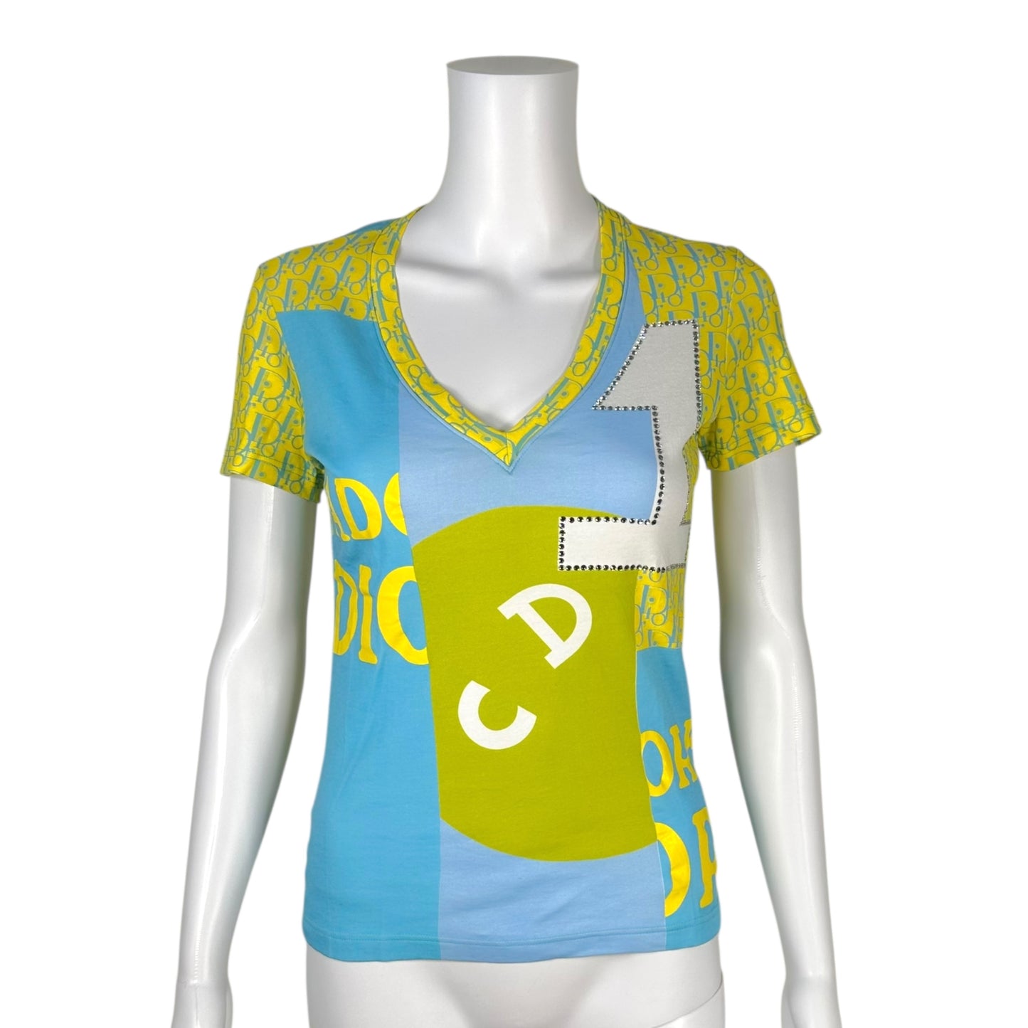 Christian Dior S/S 2005 Blue & Yellow Rhinestone Logo T-Shirt NEW