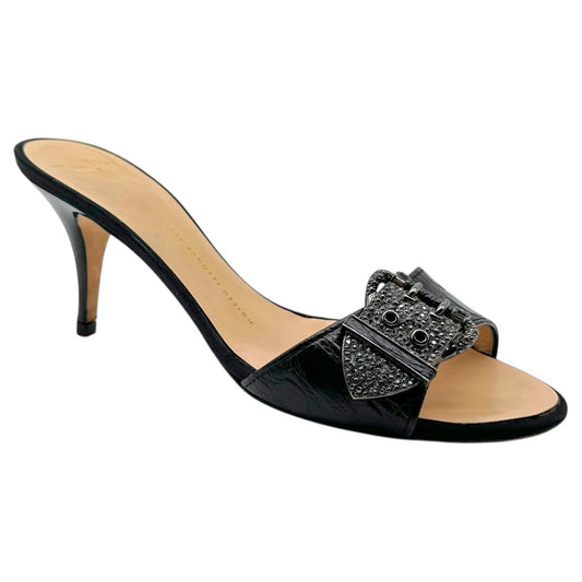 Giuseppi Zanotti Black Croc Embossed Embellished Buckle Heels