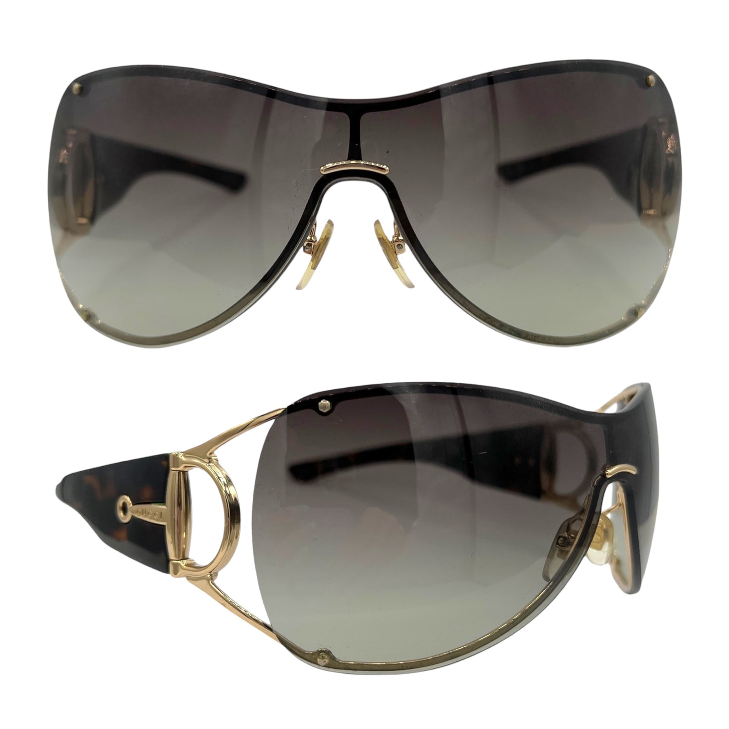 Gucci Tortoise Brown & Gold Horsebit Arm Oversized Shield Sunglasses GG2764 w/ Case