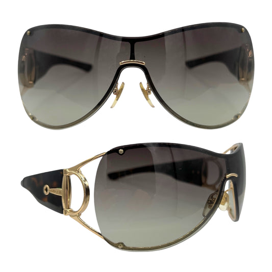 Gucci Tortoise Brown & Gold Horsebit Arm Oversized Shield Sunglasses GG2764 w/ Case