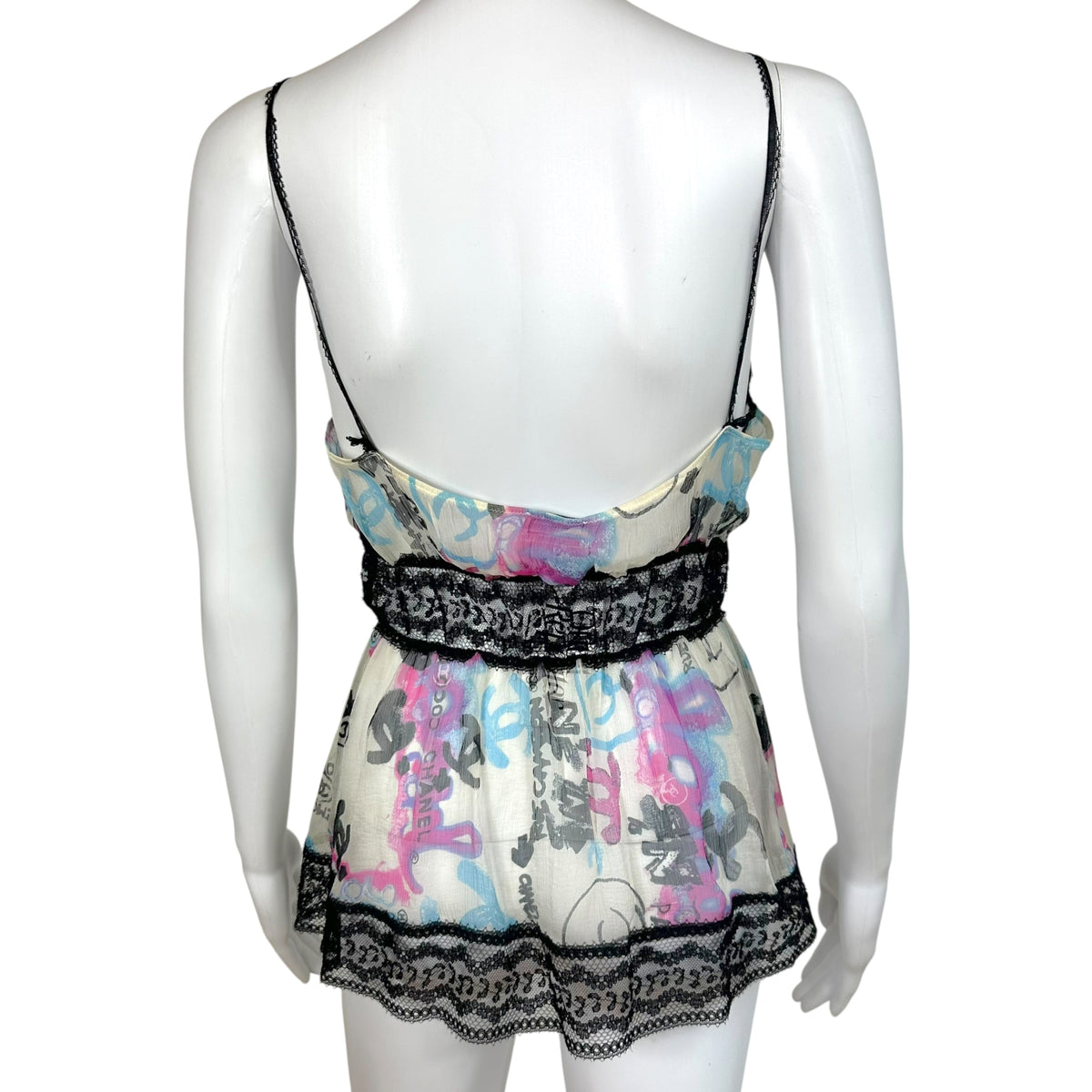 Chanel Cruise 2007 Sheer Silk & Lace Graffiti Logo Print Cami Blouse