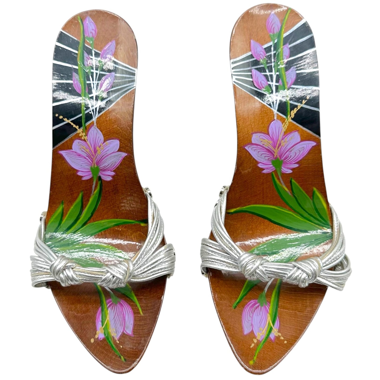 Christian Dior Silver Leather & Hand Painted Wooden Mule Heels