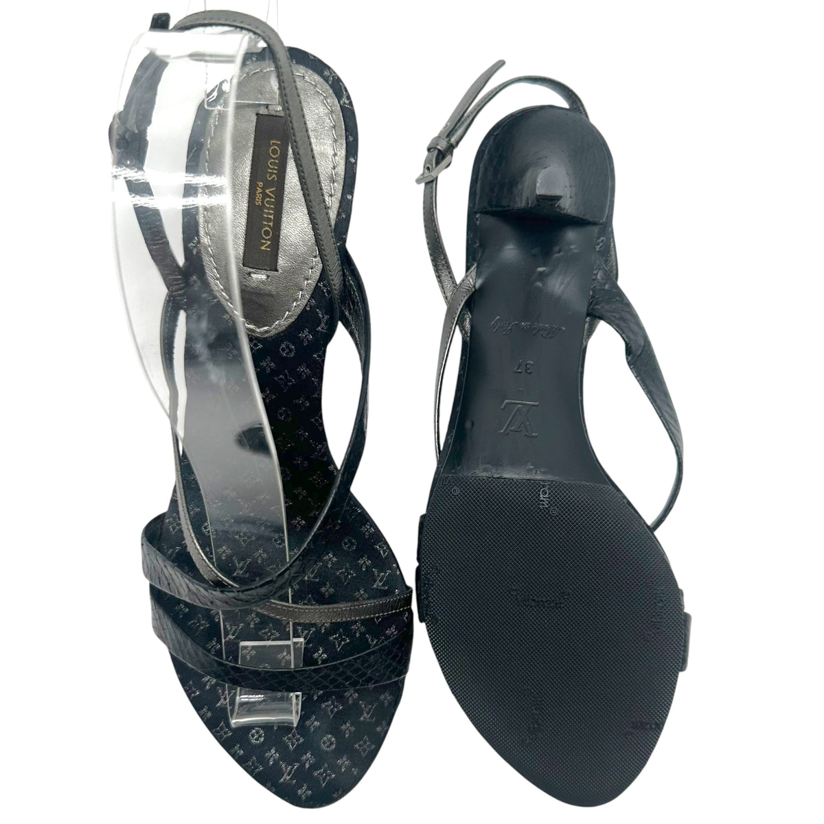 Louis Vuitton Black Satin Monogram & Python Strappy Kitten Heel Sandals