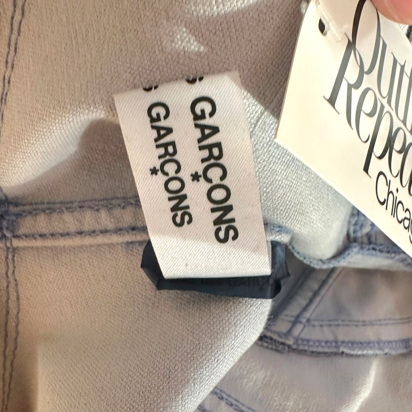 CDG Comme des Garçons ss17 Blue Faux Leather Button Up Raw Hem Jacket - Outfit Repeater
