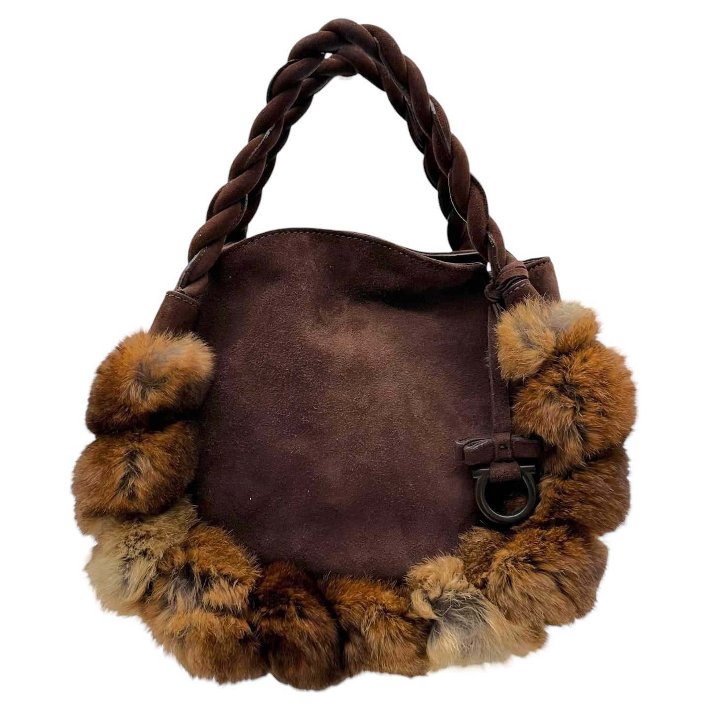Salvatore Ferragamo Brown Suede & Rabbit Fur Trim Handbag