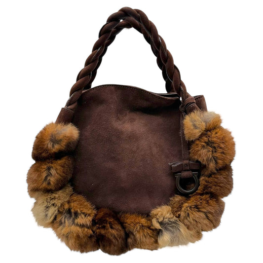 Salvatore Ferragamo Brown Suede & Rabbit Fur Trim Handbag