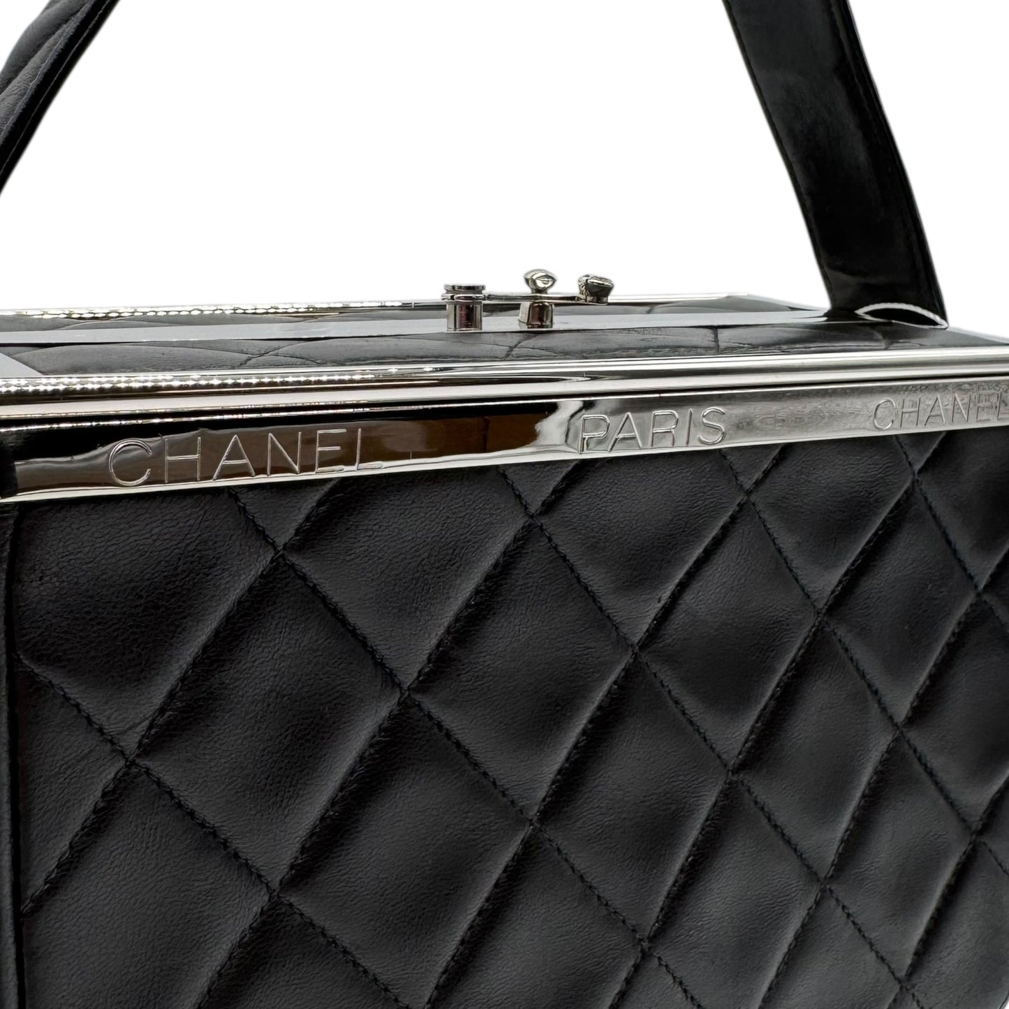 Chanel Black Matelasse Quilted Lambskin Metal Trim Vanity Bag 1996-97 - Outfit Repeater