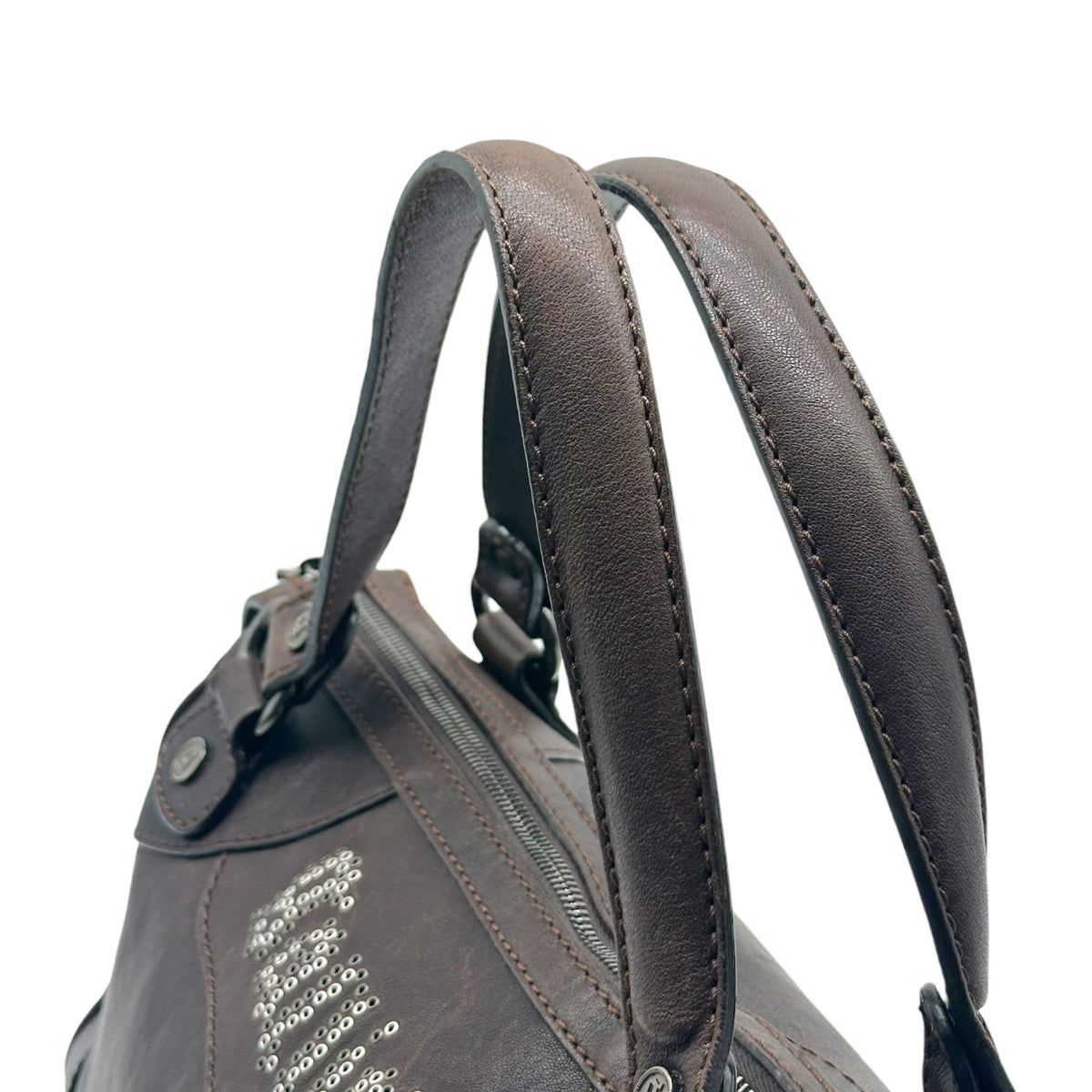 Galliano Brown & Silver Studded Logo Shoulder Bag