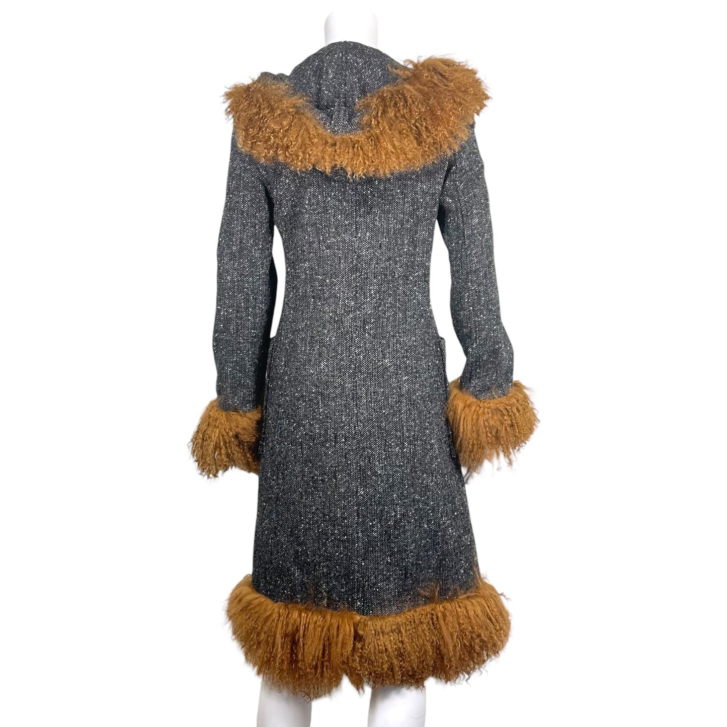 Dolce & Gabbana Gray Tweed and Brown Mongolian Lamb Fur Afghan Coat