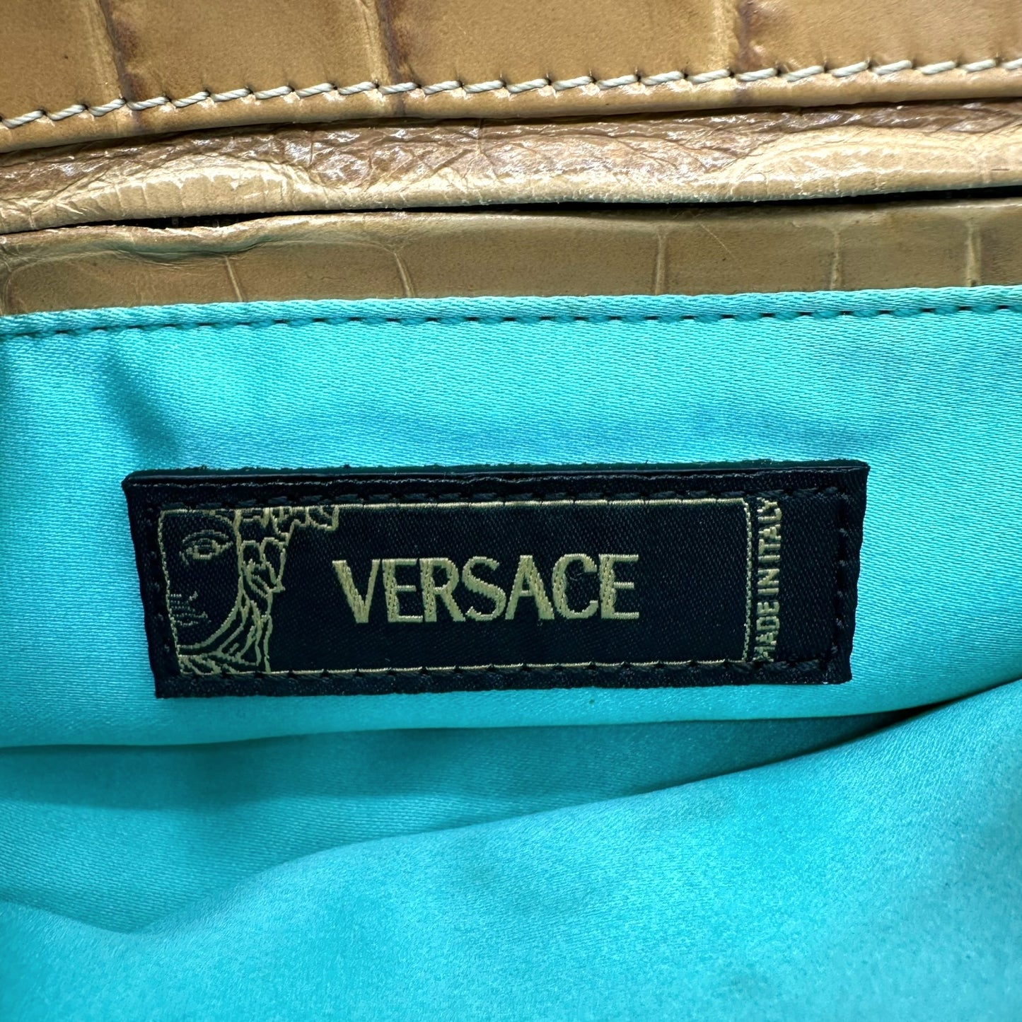 Versace Tan Croc Embossed Mini Shoulder Bag
