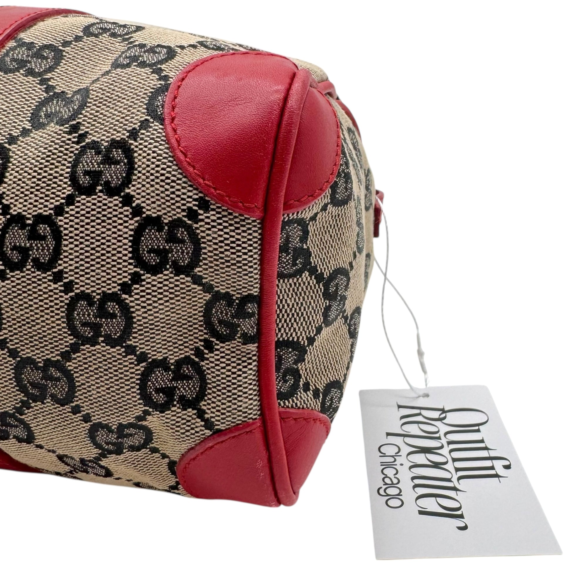 Gucci Gray Monogram & Red Leather Boston Bag - Outfit Repeater