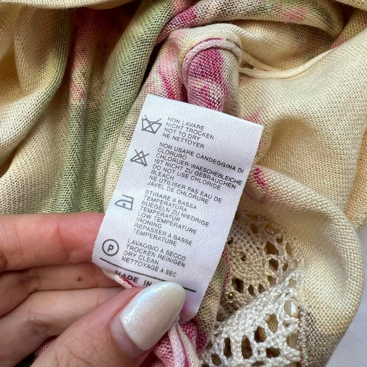 Blumarine By Anna Molinari Ivory Floral Printed V-Neck Sweater with 1/2 Length Sleeves and Crochet and Beaded Waist - Outfit Repeater