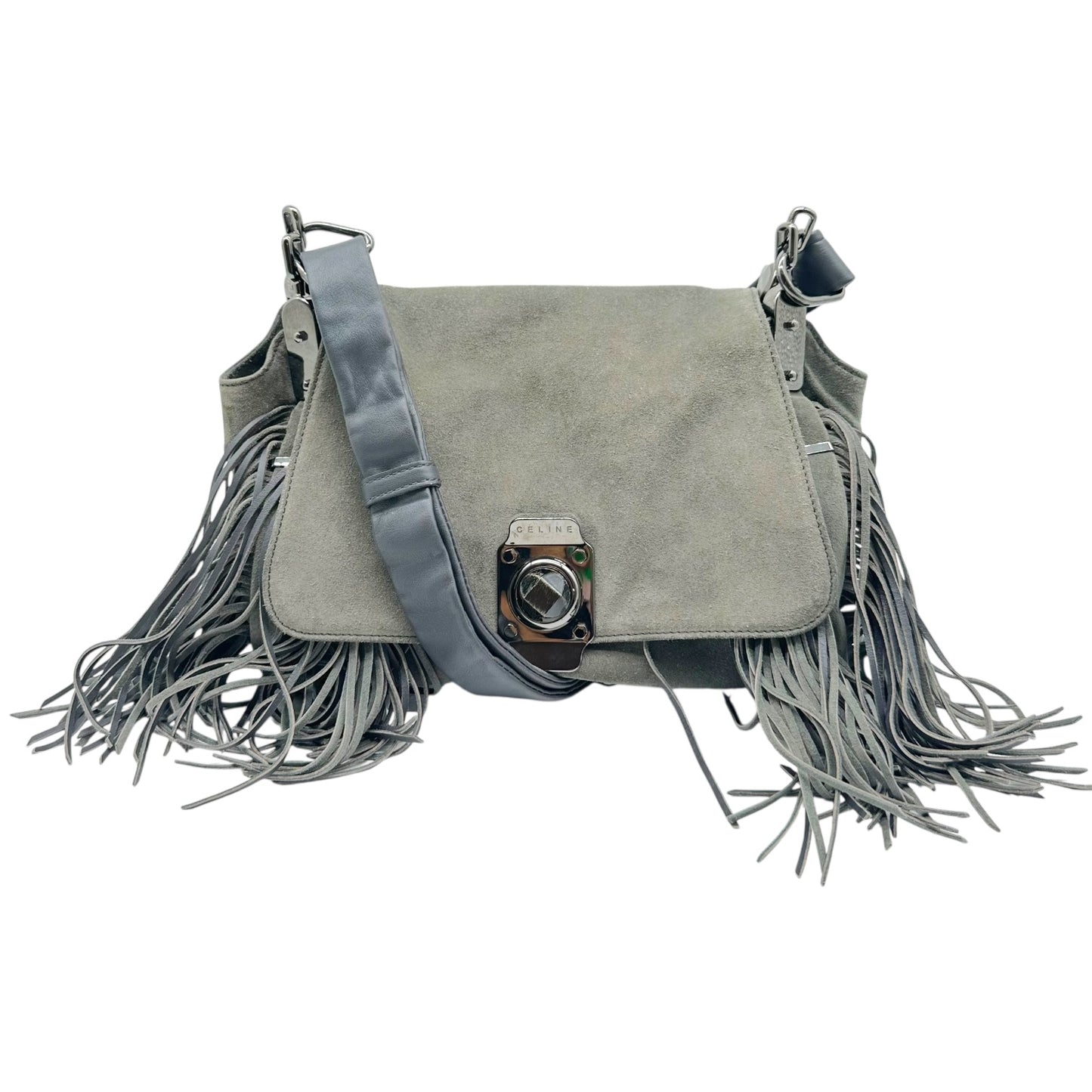 Celine Gray Suede Fringe Trim Crossbody Bag