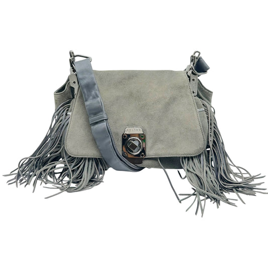Celine Gray Suede Fringe Trim Crossbody Bag