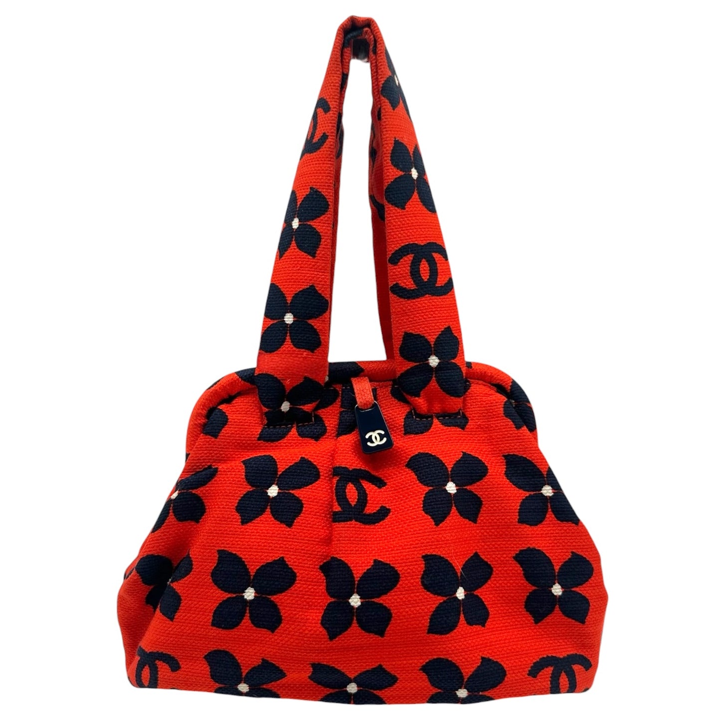 Chanel Kisslock Handbag Bright Red Navy Clover Print
