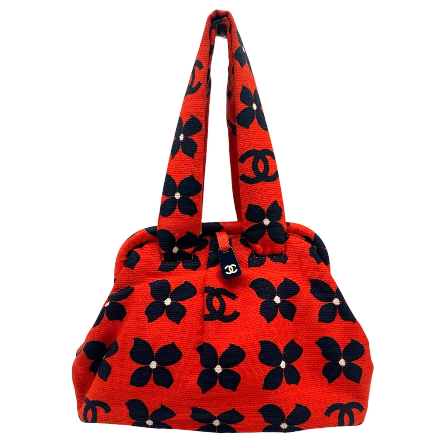 Chanel Kisslock Handbag Bright Red Navy Clover Print
