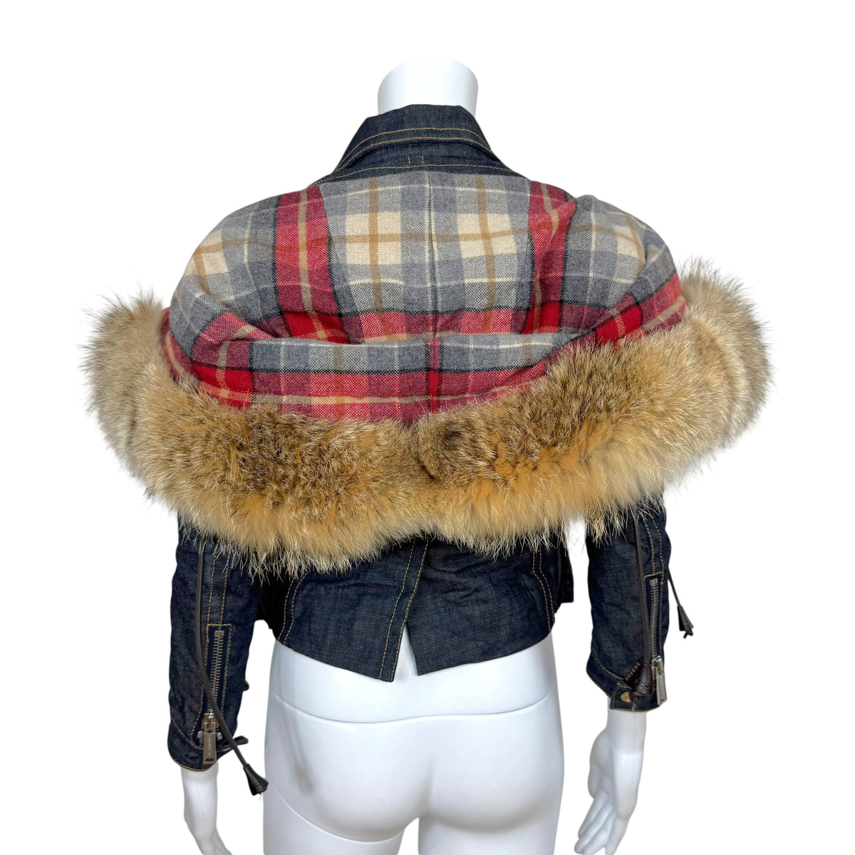 Dsquared2 Dark Wash Denim 3/4 Sleeve Fox Fur Trim Hood Jacket