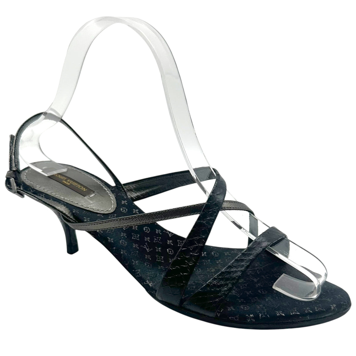Louis Vuitton Black Satin Monogram & Python Strappy Kitten Heel Sandals