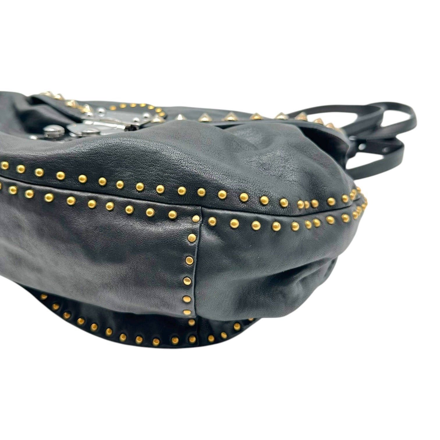 Miu Miu Black Leather Studded Hobo Bag