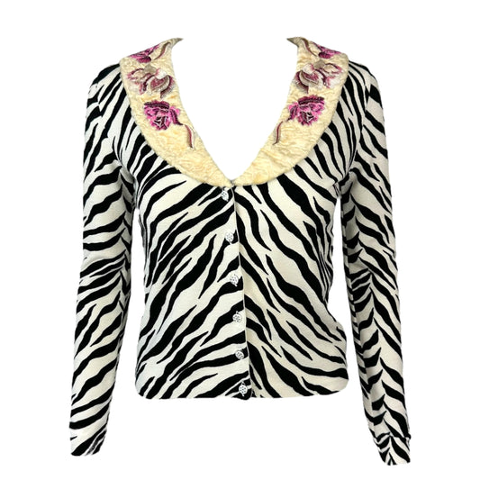 Anna Molinari Blumarine Zebra Print Floral Embroidered Collar Cardigan