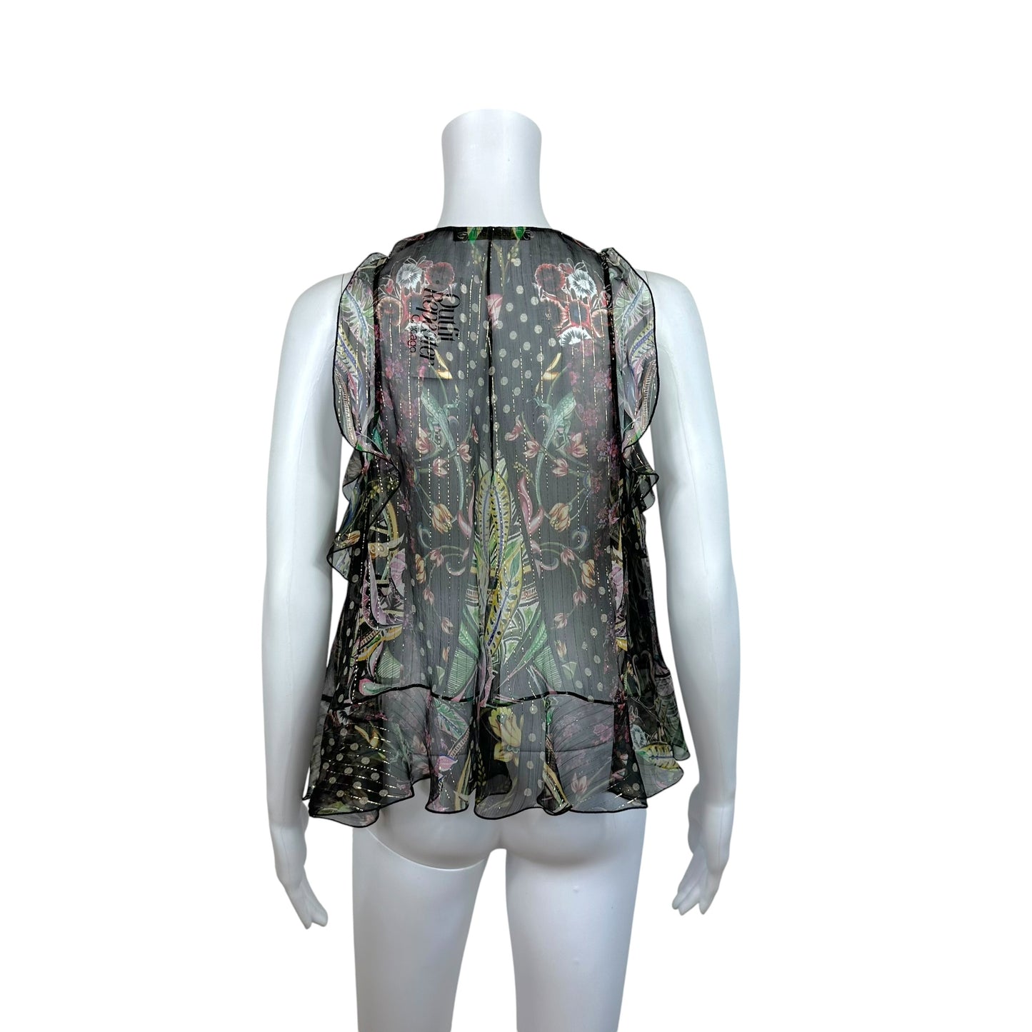 Roberto Cavalli Sheer Metallic Polka Dot & Floral Silk Blouse w/ Feather Ties