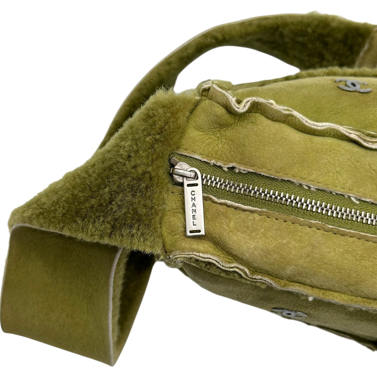 Chanel Khaki Green Shearling Logo Crossbody Bag 2000-02