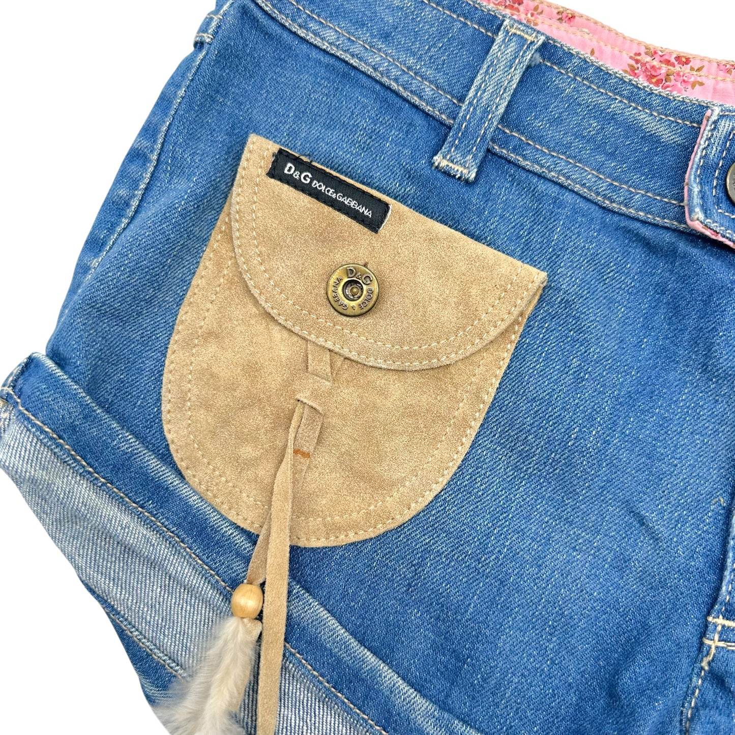 D&G Dolce & Gabbana Denim & Suede Feather Embellished Mini Shorts
