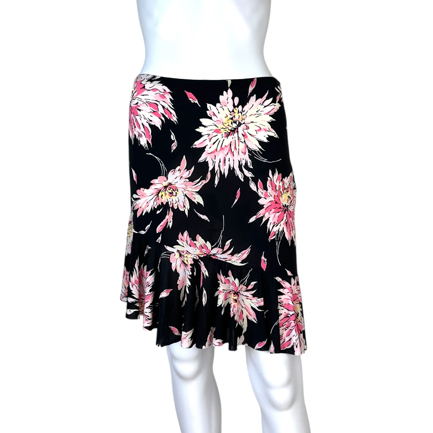Blumarine Black & Pink Floral Bias Cut Midi Skirt