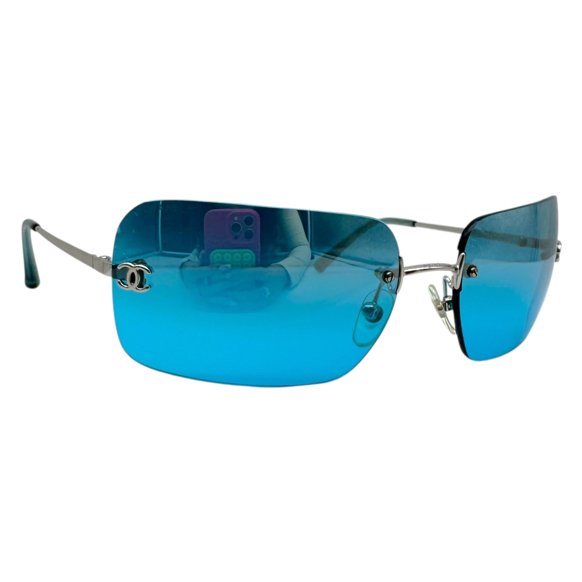 Chanel Rimless Rectangle Sunglasses Turquoise Silver