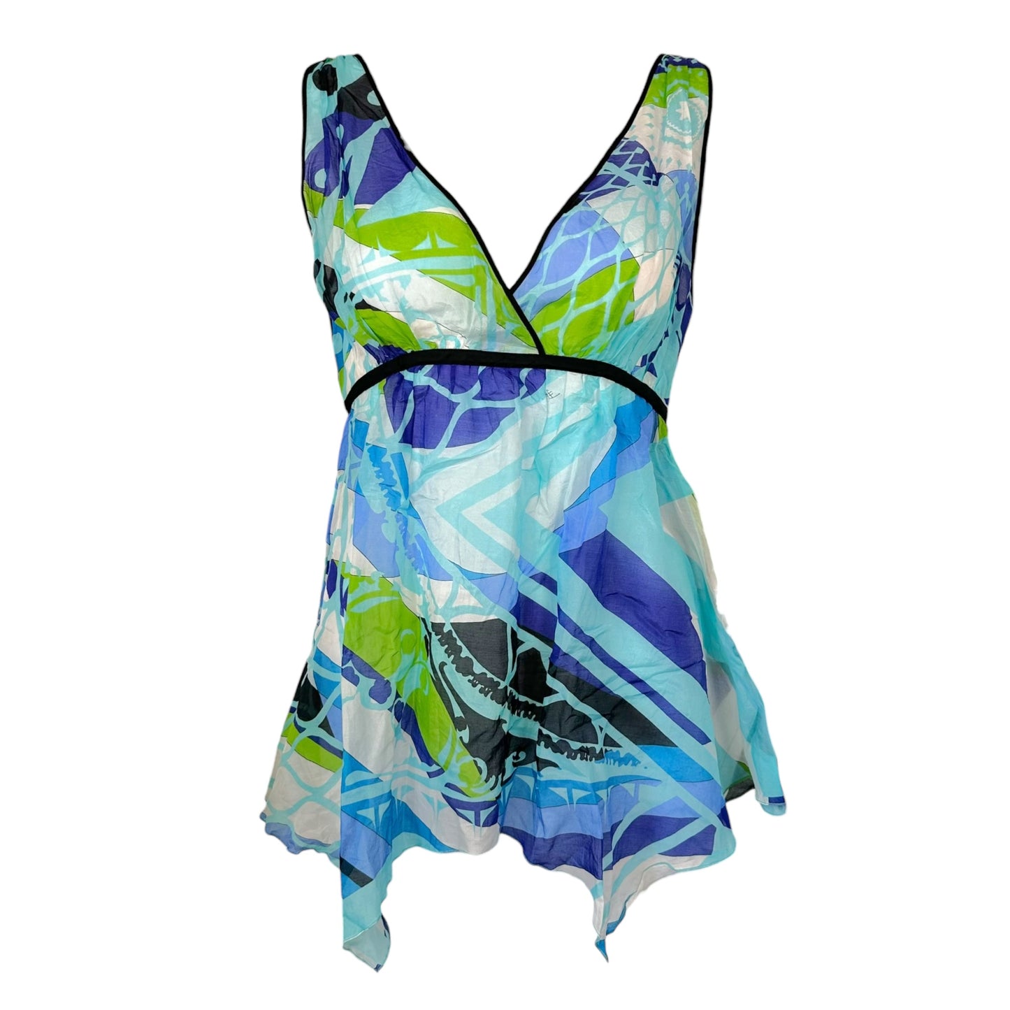 Emilio Pucci Blue & Green Silk Blend Semi-Sheer Blouse Top