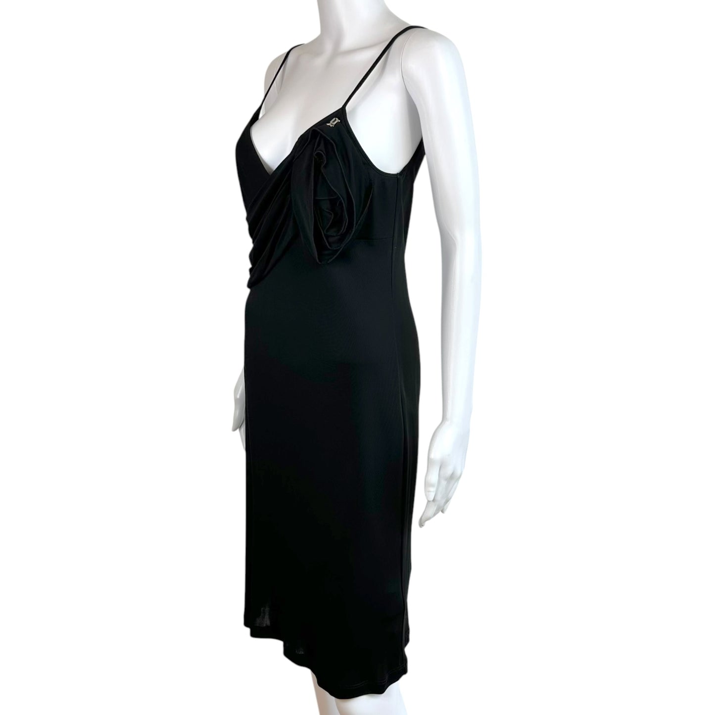 Galliano Black Mini Dress Rosette Applique V-Neck