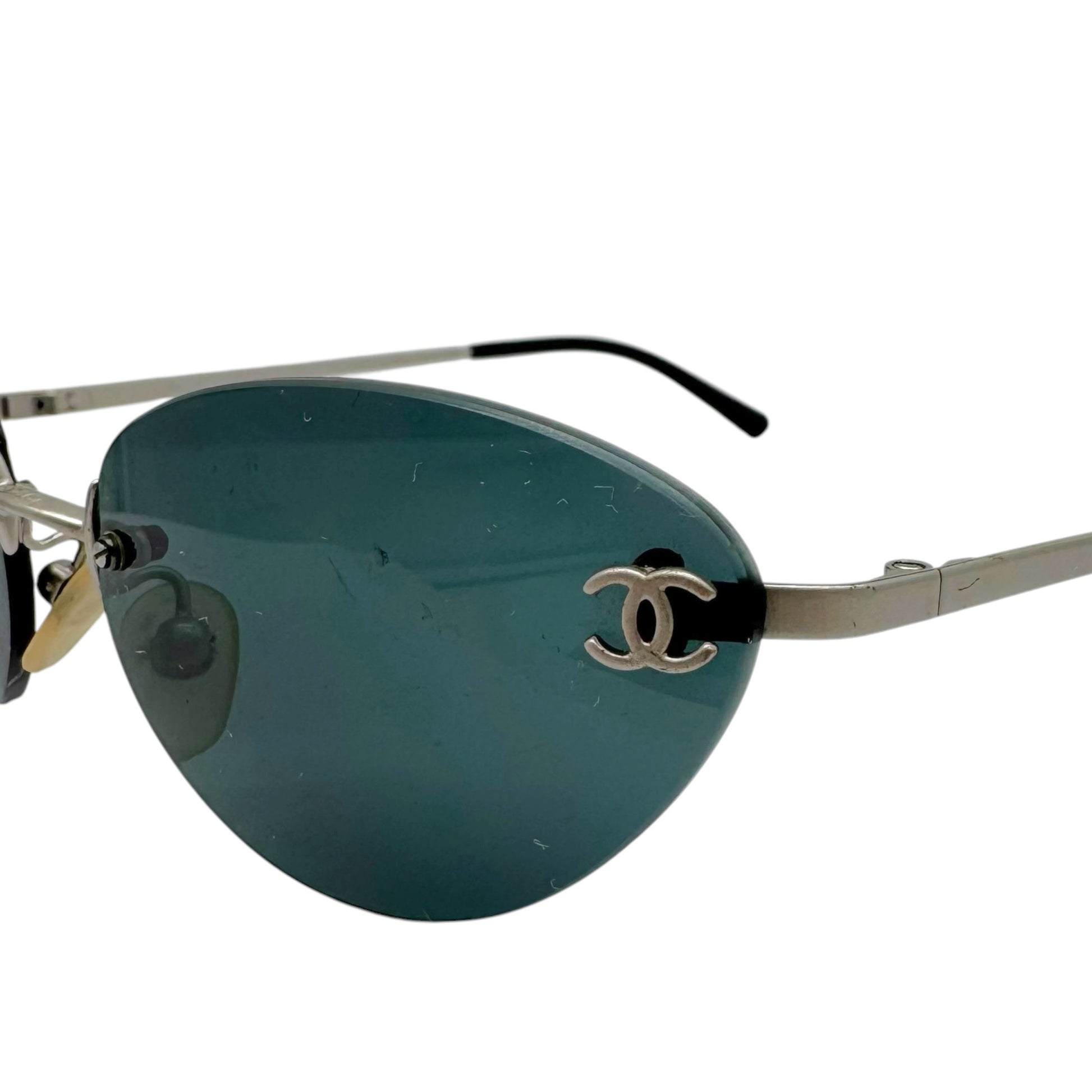 Chanel Rimless Oval Sunglasses Black Silver Logo