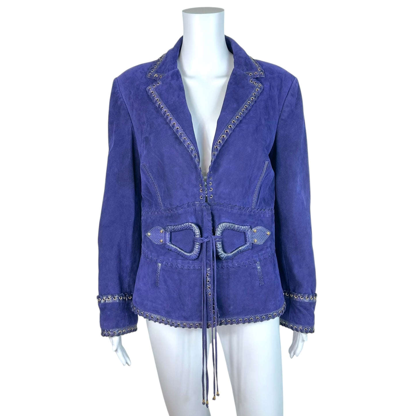 Roberto Cavalli Navy Blue Suede Blazer Jacket With Gold Trim
