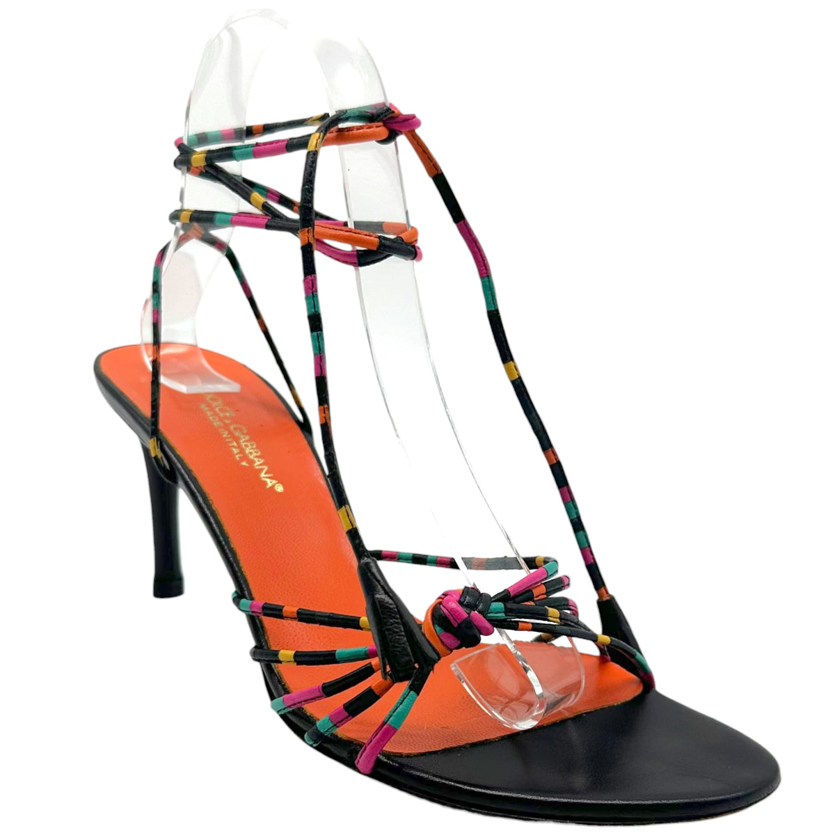 Dolce & Gabbana Black Multicolor Striped Wrap Sandal Heels