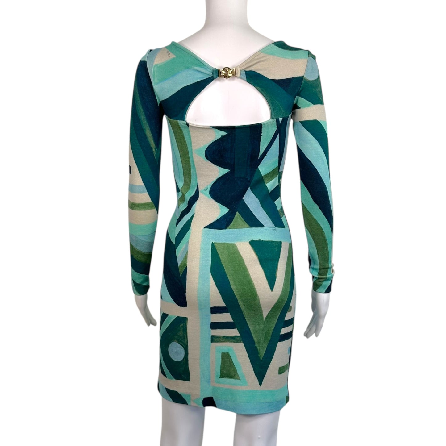 Emilio Pucci Teal Printed Wool Knit Longsleeve Mini Dress