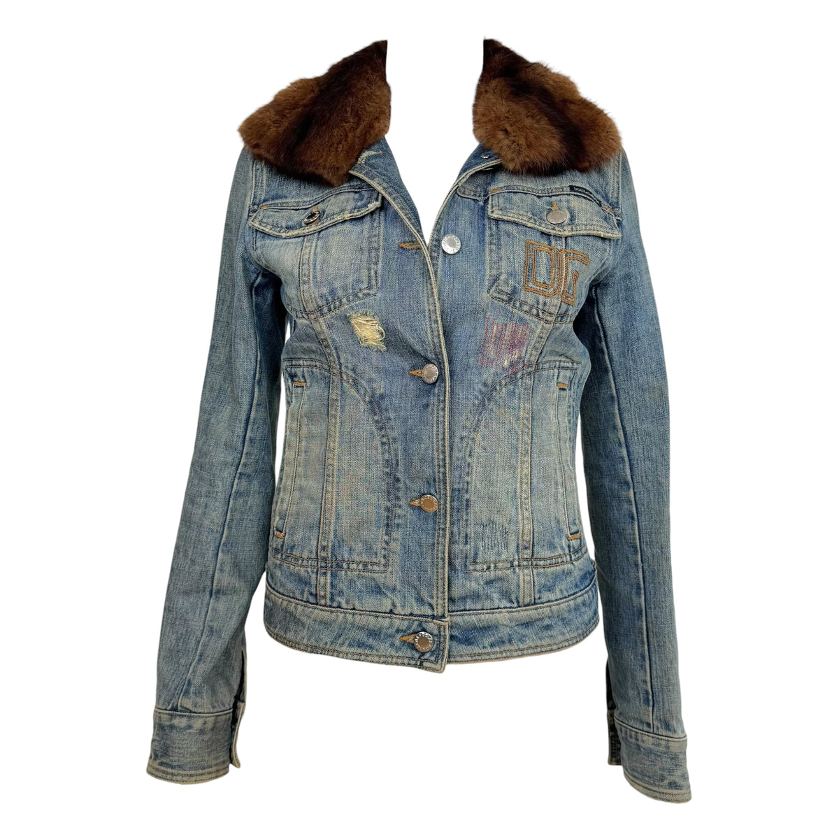 Dolce & Gabbana Denim Logo Embroidered Jacket w/ Mink Fur Collar