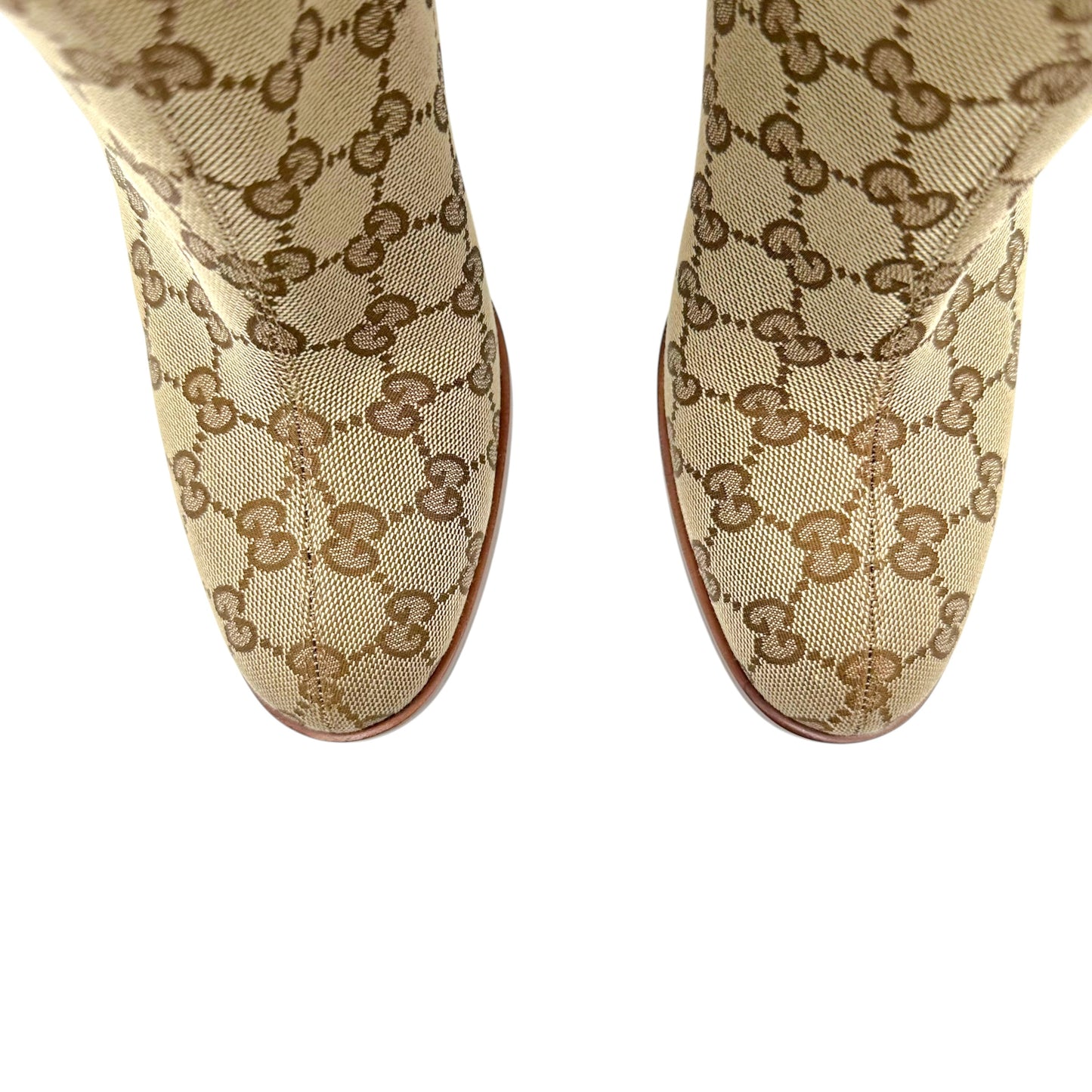 Gucci Heeled Knee High Boots Tan Monogram