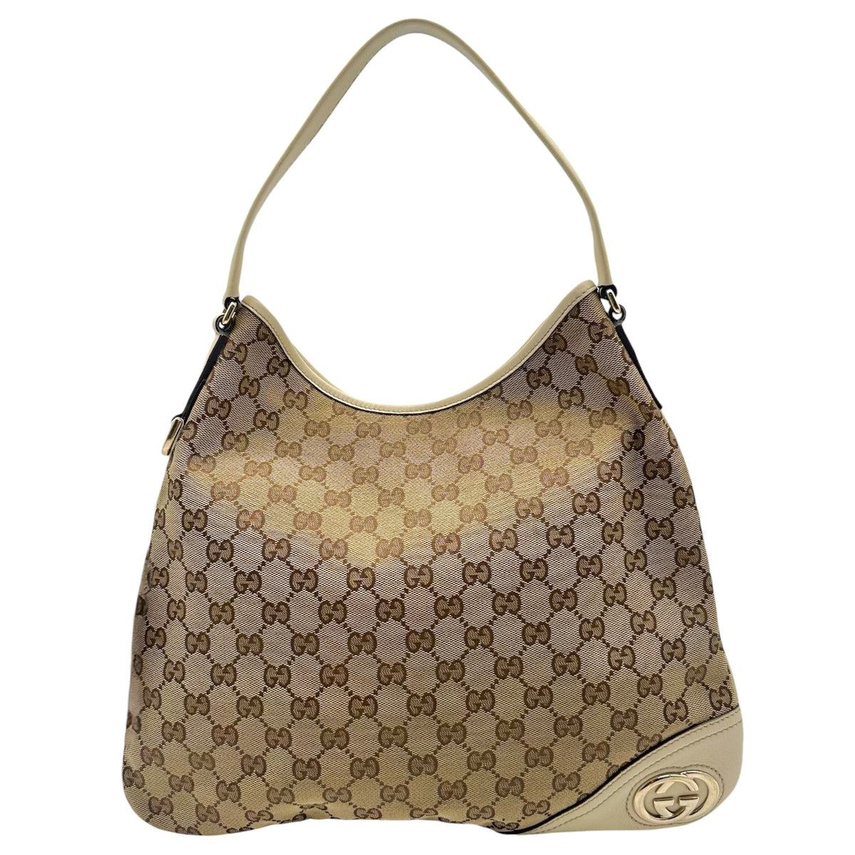 Gucci Ivory Leather Tan Monogram Shoulder Hobo Bag