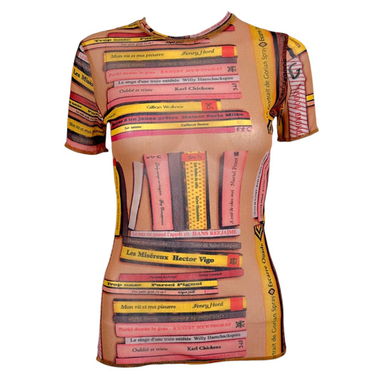 Jean Paul Gaultier Pink Yellow Book Print Mesh T-Shirt