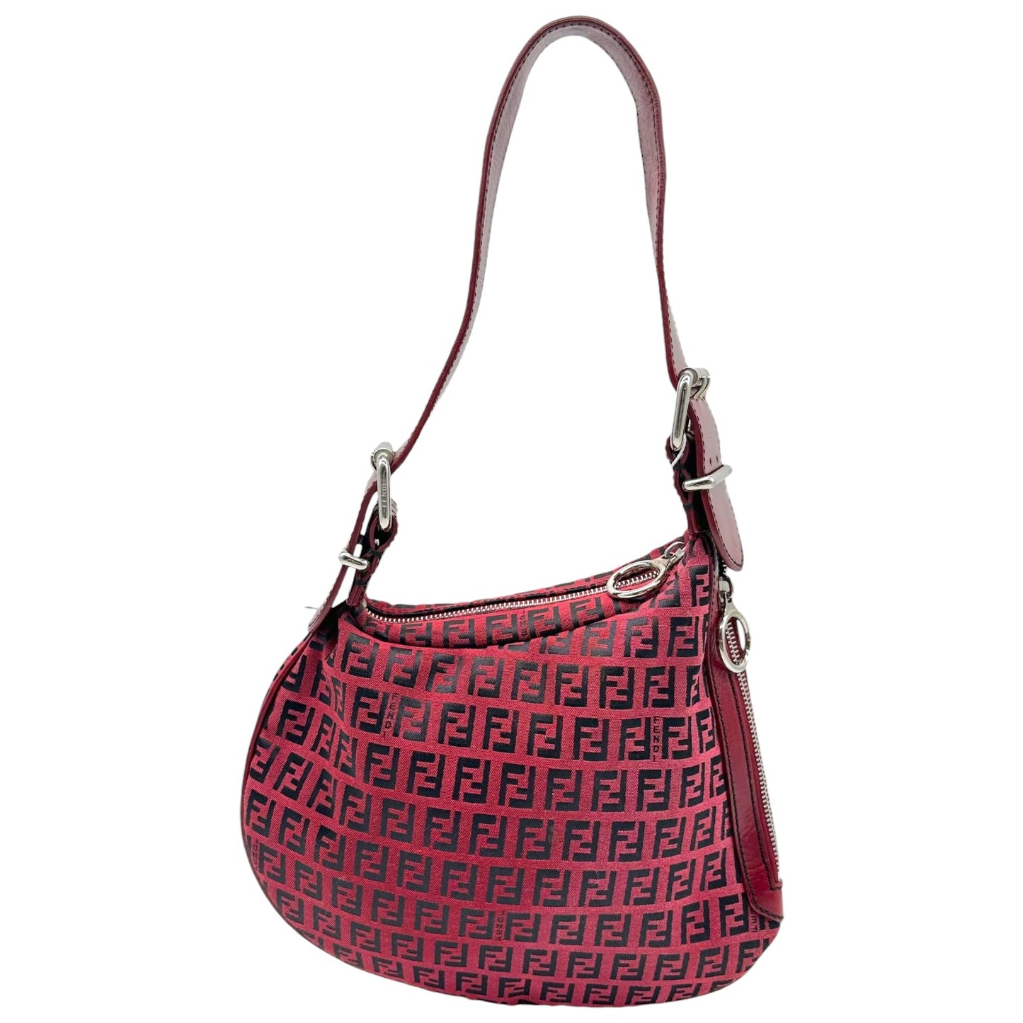 Fendi Red & Black Zucchino & Etched Leather Oyster Shoulder Bag
