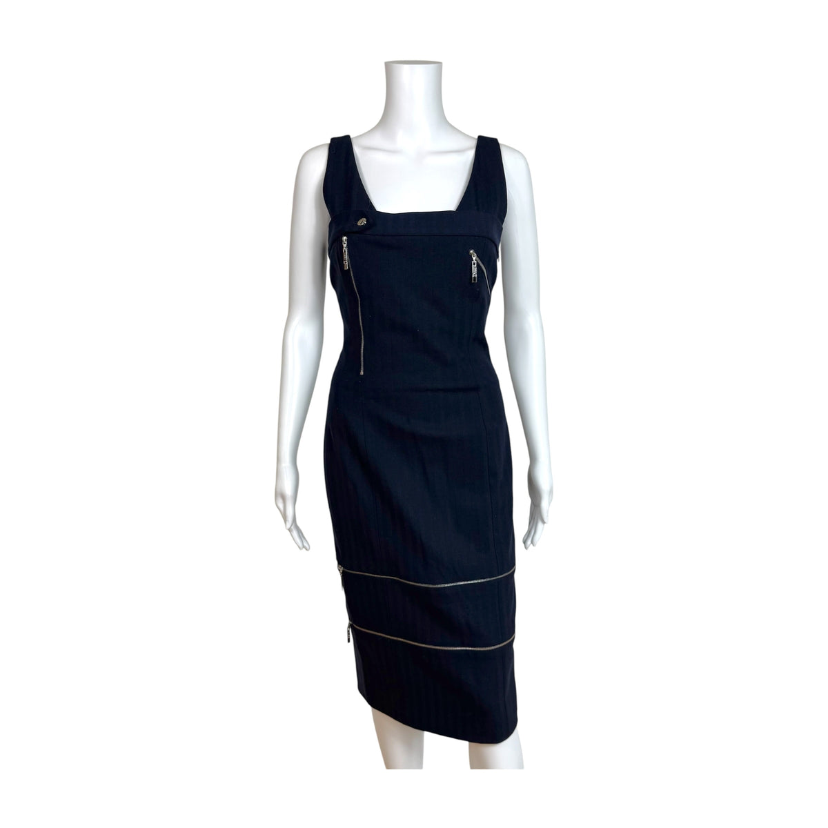 Christian Dior Navy Blue Wool Midi Dress Multi-Zip