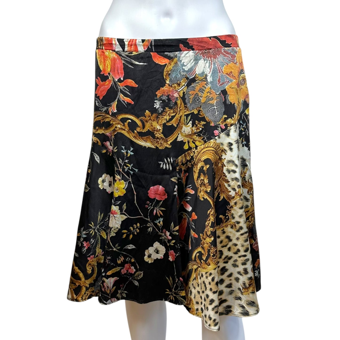 Roberto Cavalli 2005 Leopard Print & Floral Silk Midi Skirt