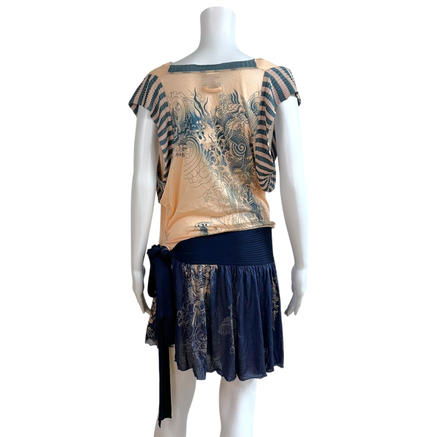Jean Paul Gaultier Mini Dress Nude Navy Blue Tattoo Print