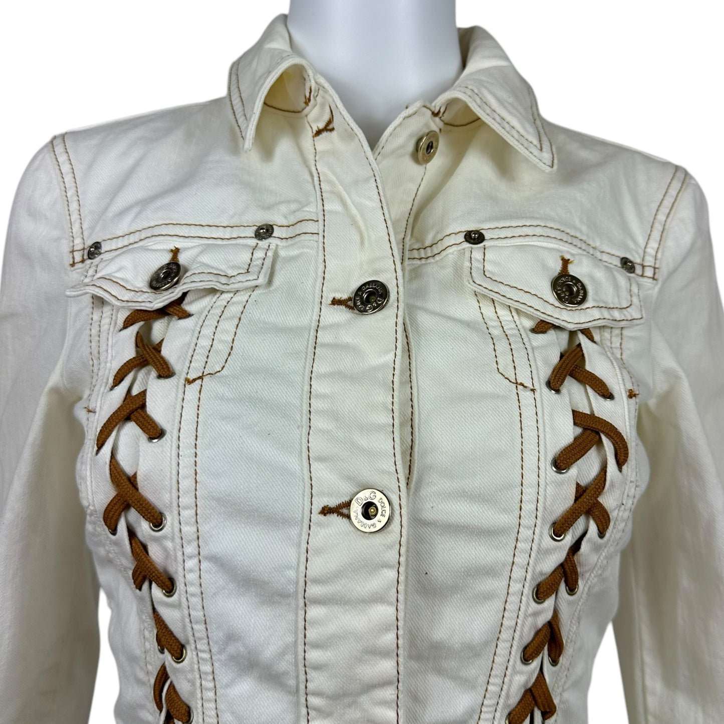 D&G Dolce & Gabbana White Lace Up Denim Jacket - Outfit Repeater